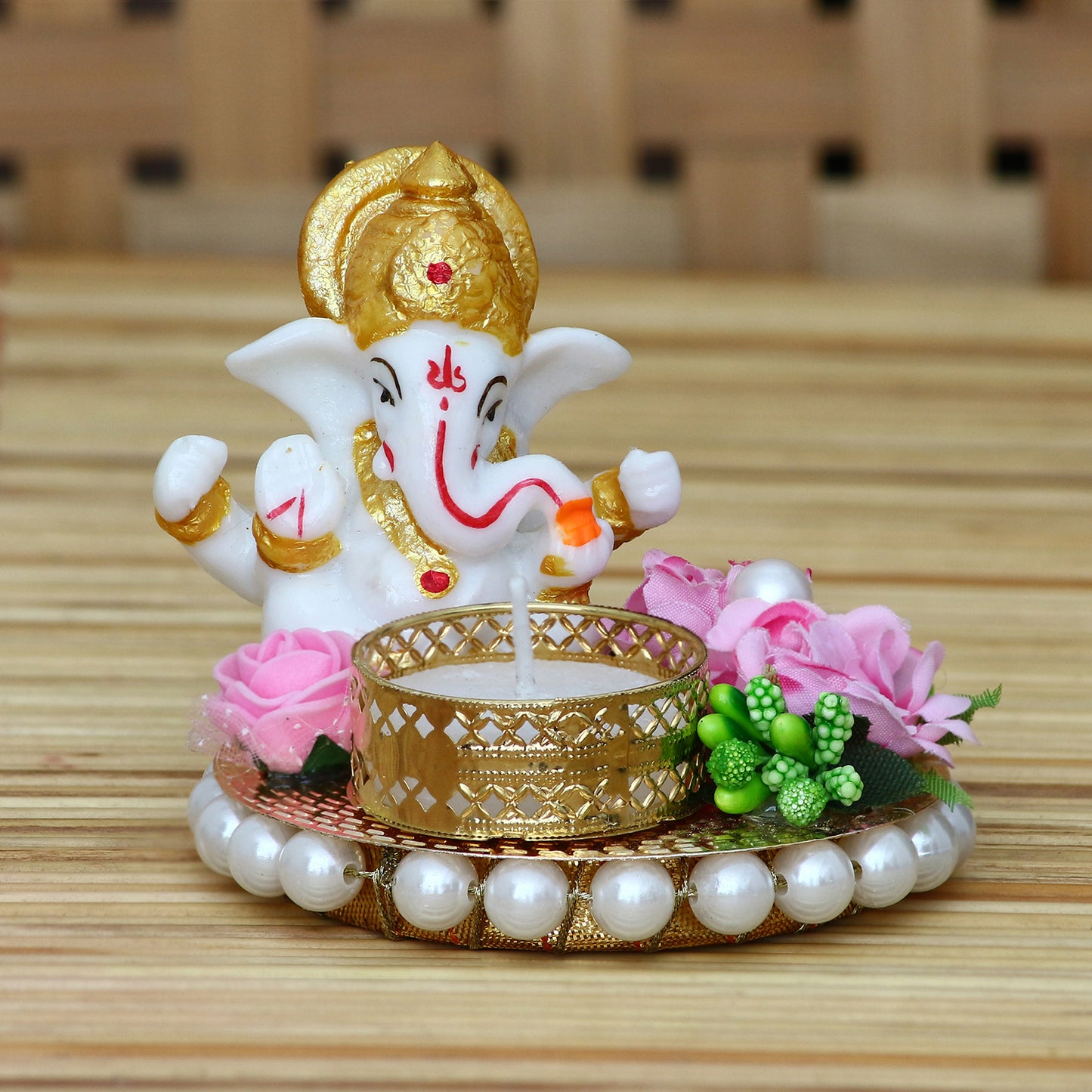 Lord Ganesha Idol on Decorative Plate with Tea Light Holder
