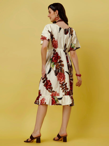 Women's Crepe Floral Print Flared Midi Dress