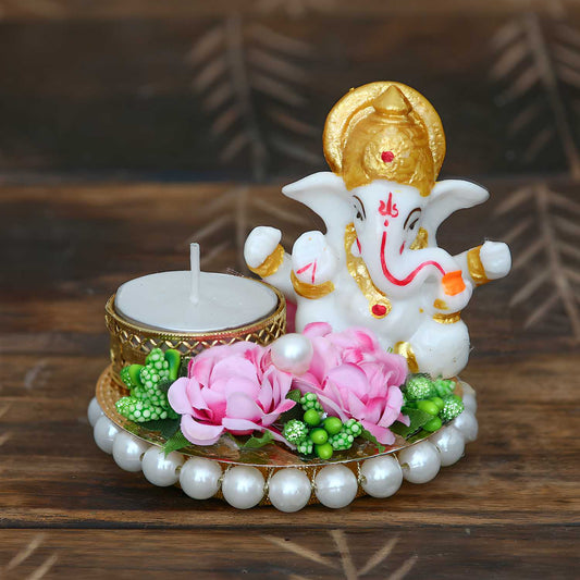 Lord Ganesha Idol on Decorative Plate with Tea Light Holder